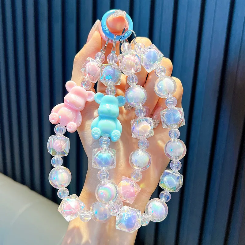 Trendy Beaded Cartoon Bear Mobile Phone Chain Key chain Love Beads Accessories Bracelet Acrylic Plastic Keychain For Women Girls