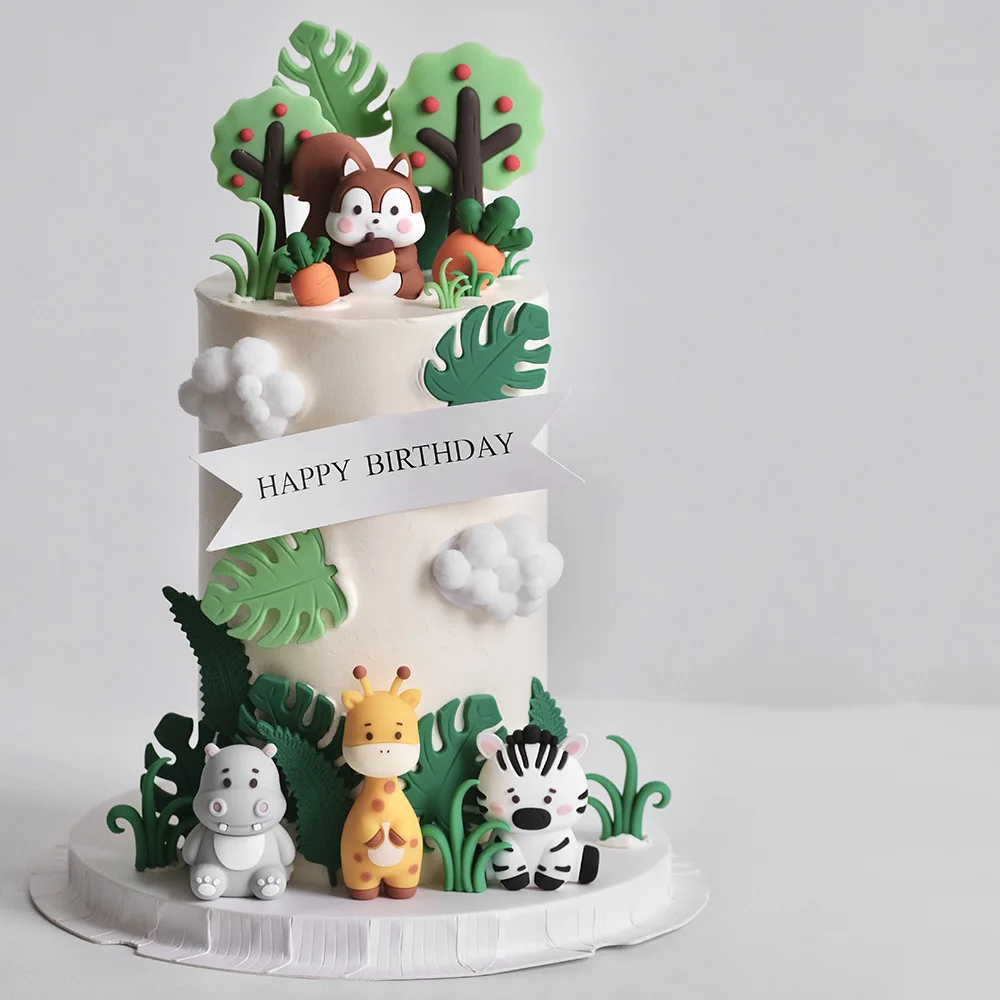 Happy birthdays Forest animal Elephant Lion Monkey  Rabbit squirrel hippopotamus zebra dinosaur soft rubber  plastic cake topper