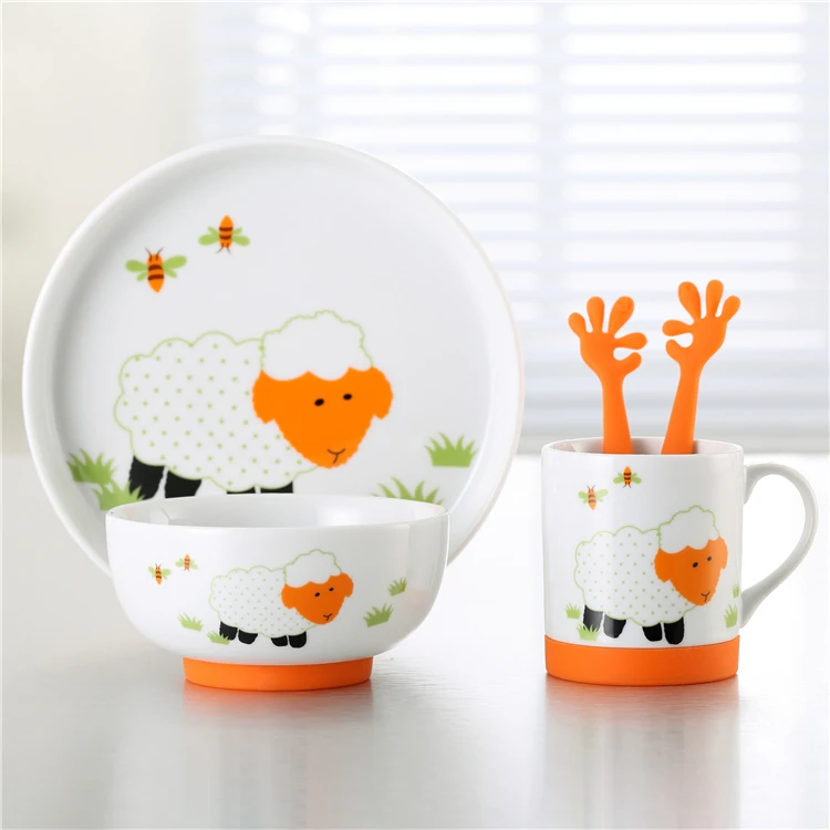 JINYUANLI 5 pcs children use tableware cute pattern porcelain plate and bowl ceramic dinnerware dinner sets with silicone base