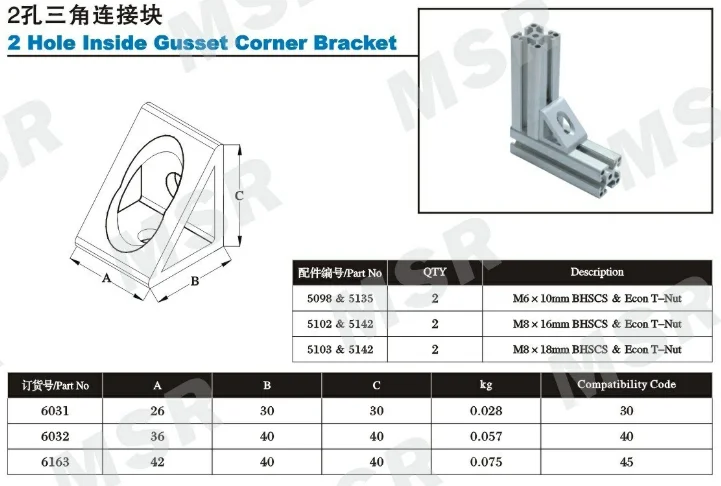 Aluminum 6031 6063-T6 CNC 90 degree 2 Hole Inside Gusset Corner Bracket wall mounting flexible bracket for 30/40/45