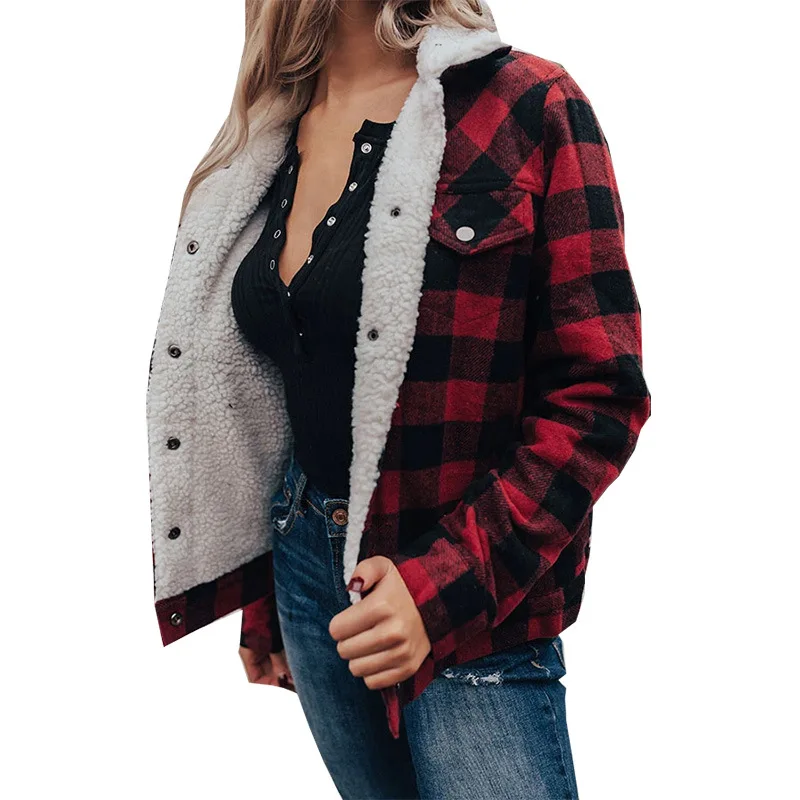Womens Casual Stylish Loose Baggy Button Warm Sherpa Fleece Lined Plaid Shirt Jacket Girl Lthleisure Thick Check Shacket Outwear