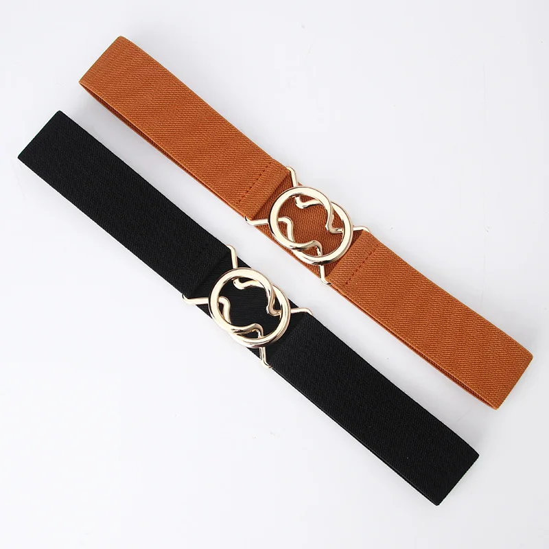 2022 hot sale Fashion Gold Double  Buckle wide Stretch Elastic Leather Women Waist Belts