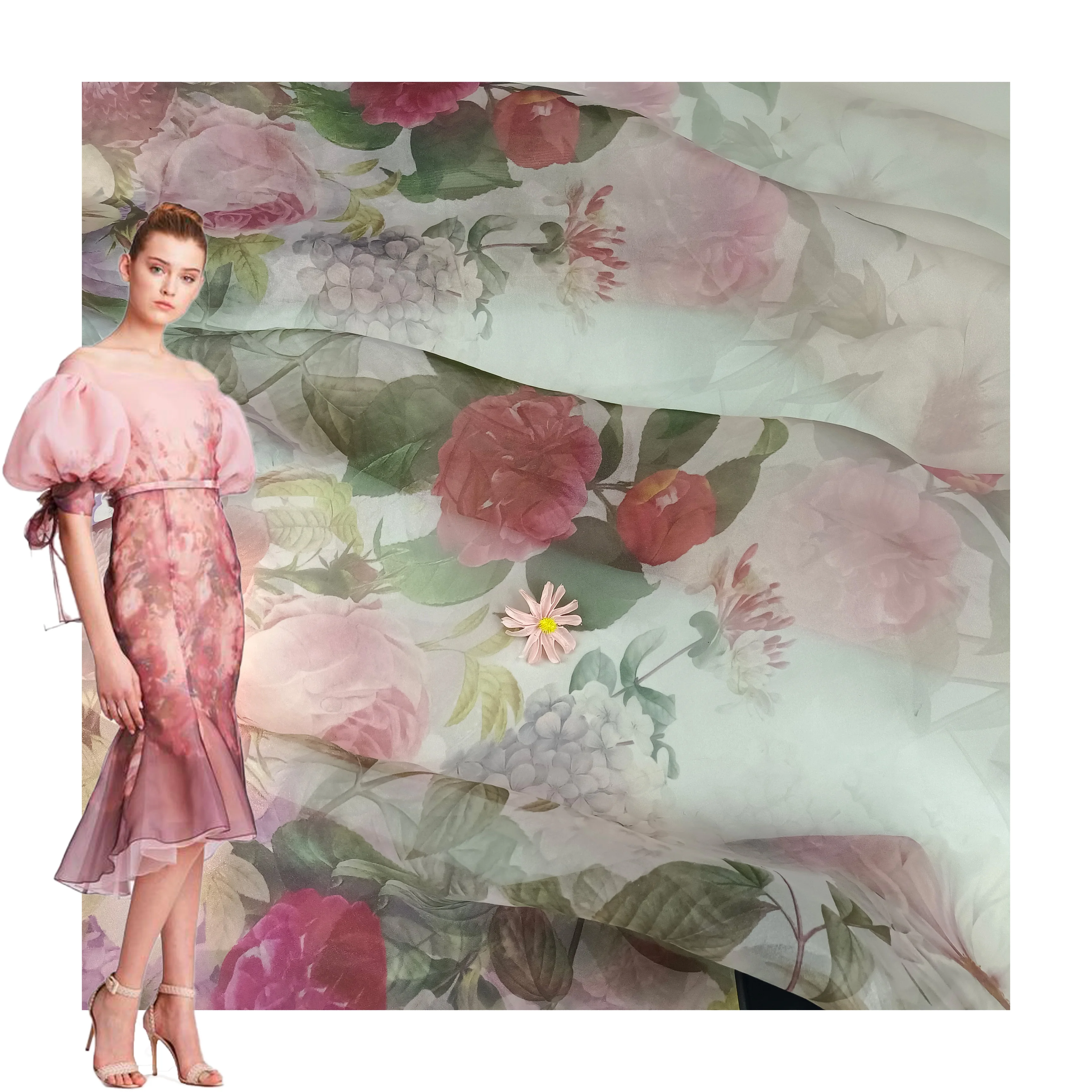 Custom Designs Border Flower Semi Dull Organza Digital Print Sheer Fabric for Puff Dresses