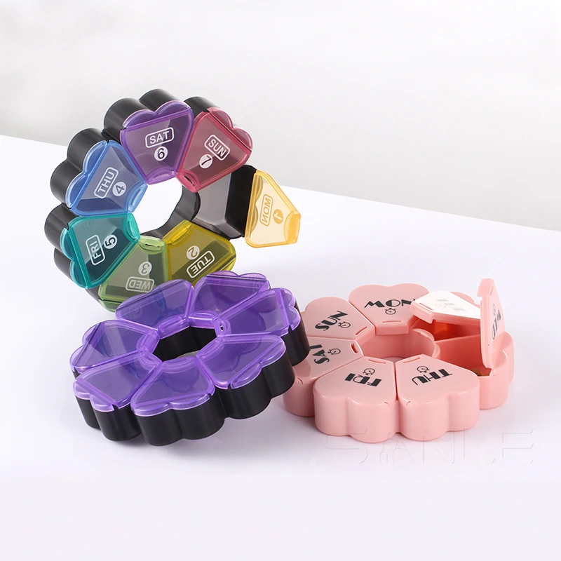 Portable plastic pill dispensing containers round weekly pill case custom  logo decorative unique pill box