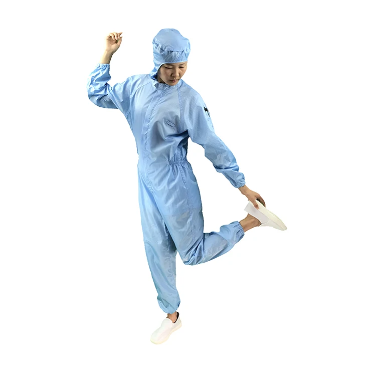 
5mm Stripe Blue Reusable Washable Custom Cleanroom ESD Clothing Hooded Anti-Static Coveralls 