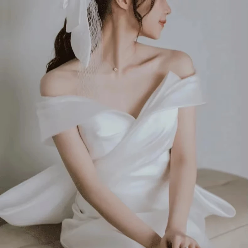 SUNNY Elegant Bridal Satin Light Wedding Dress Bridal Sweep Train Mermaid Bow Evening Dress