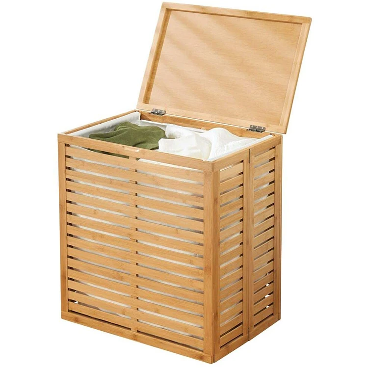 Bamboo Laundry Hamper Basket with Removable Fabric Liner and Decorative Wood Slats