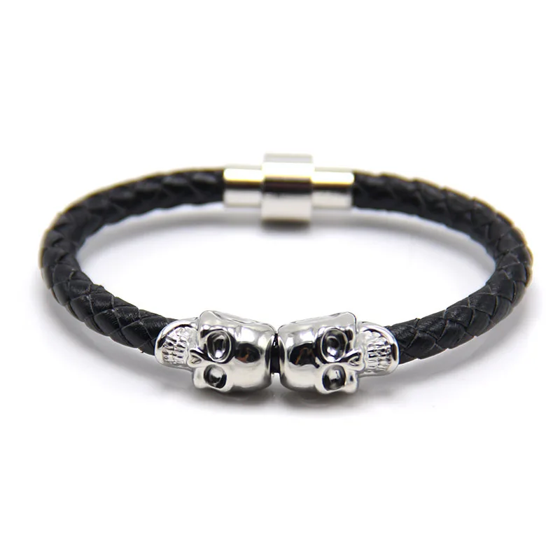 Cowhide Punk Skull Head Braided New Design Magnetic Buckle Jewelry Mens Genuine Leather Man Bracelet Bangle