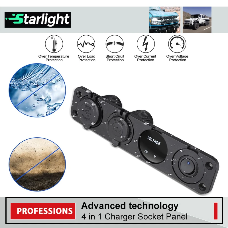 4 in 1 Charger Outlet Socket Panel with Dual QC 3.0 12V USB Power Outlet Voltmeter Gauge Cigarette Lighter Socket ON Off Switch