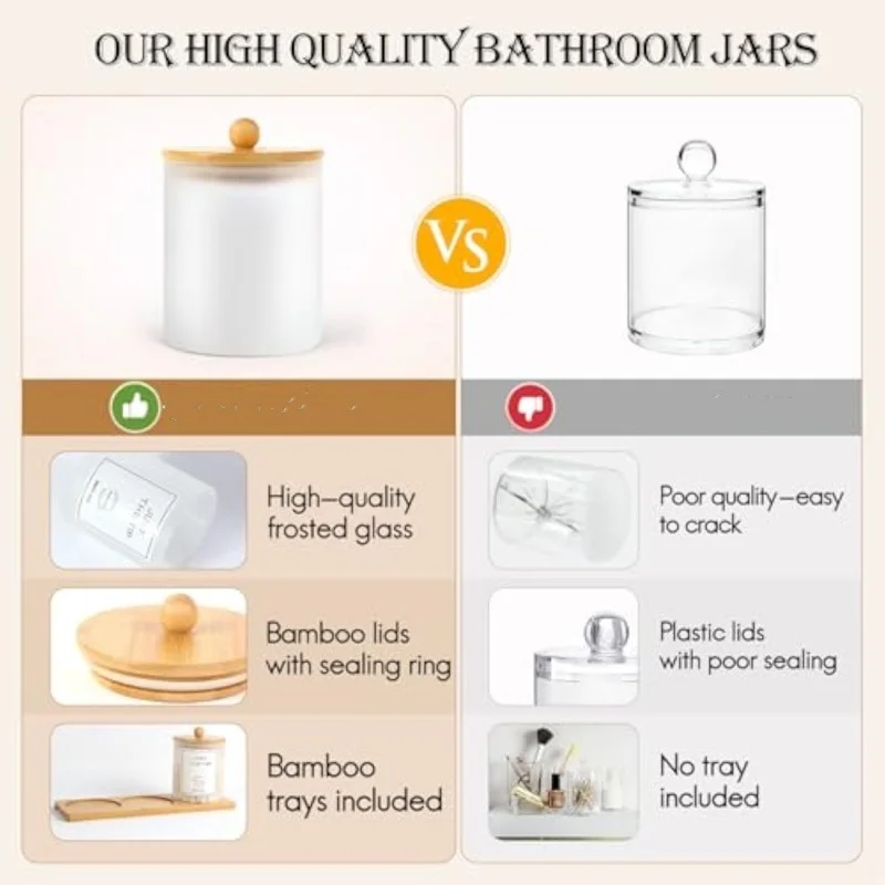 Frosted Glass Holder Apothecary Jars with Bamboo Lid Bathroom Dispenser Storage jars for Cotton Swabs Round Pads Floss