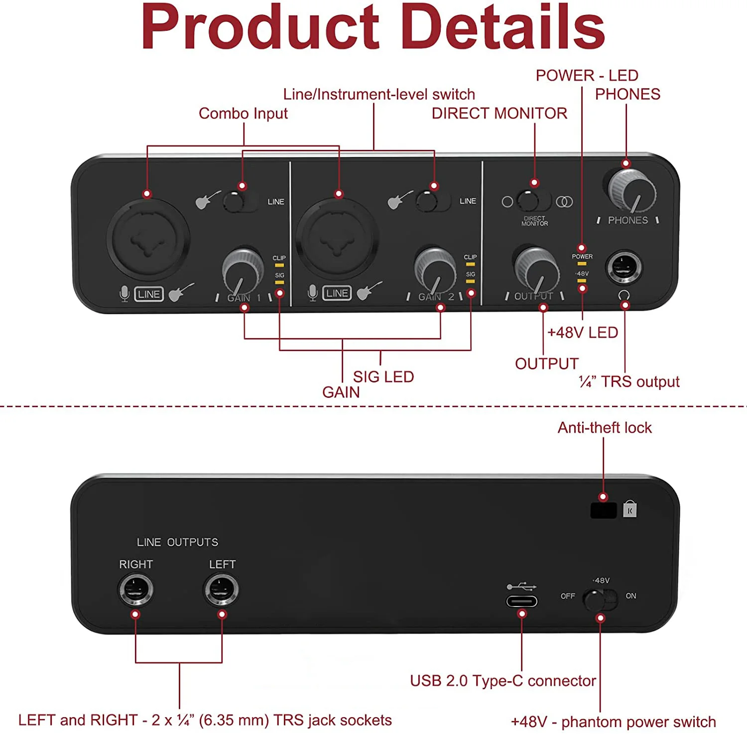 192KHz/24Bit 48V Phantom Power USB Audio Interface 2i2 Studio External USB Sound Card for Podcast Recording