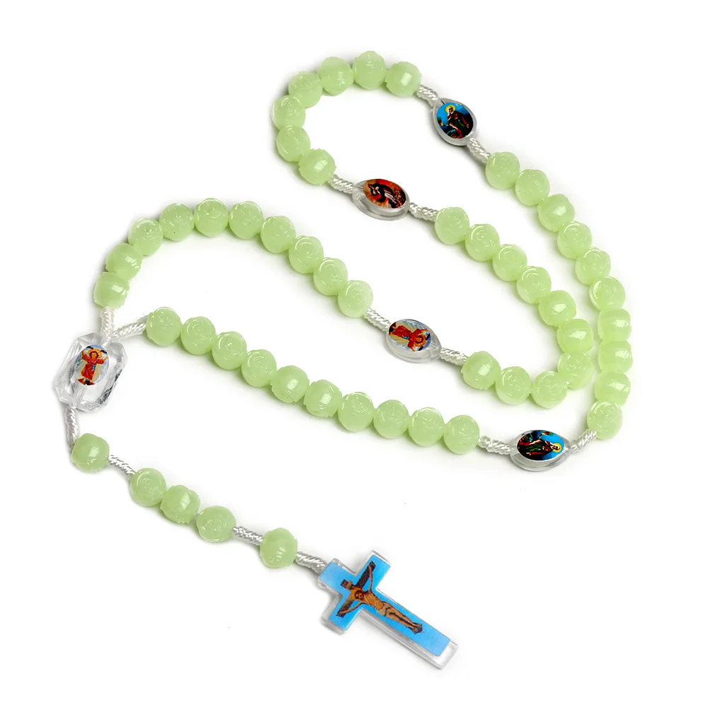 Catholic Christian Rosary Rose Noctilucent Bead Cross Necklace 10mm Glowing Prayer Church Jesus Pendant Jewelry Easter gifts