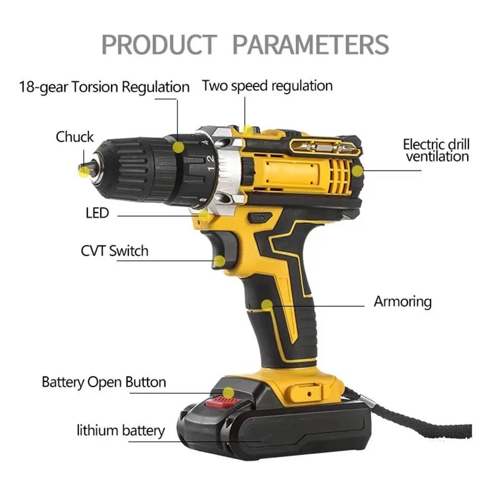 21V industrial household multifunction electric lithium battery impact drill cordless handle portable cordless drills