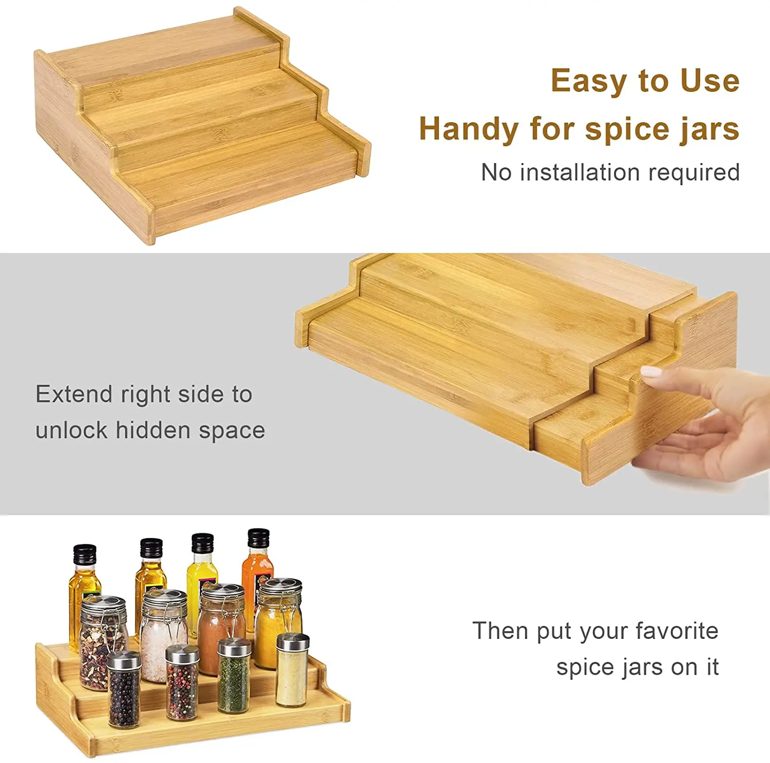 kitchen  bamboo spice organizer expandable spice rack organizer 3 tier spice drawer organizer