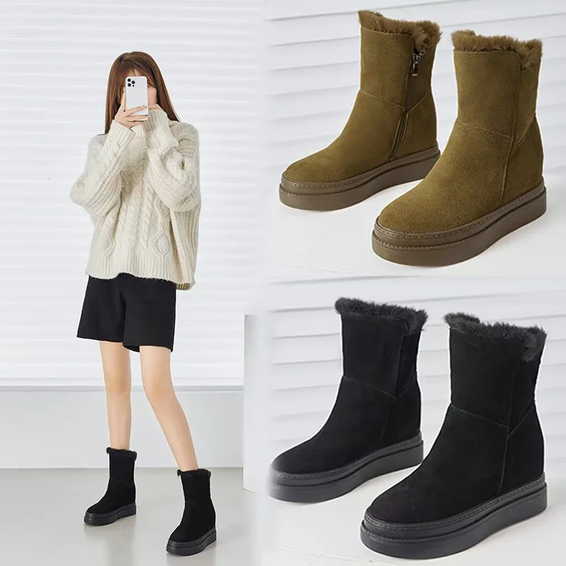 Winter New Small Height Snow Boots plus Velvet Padded High Heel round Head Two Wear Leisure High Cylinder Side Zipper