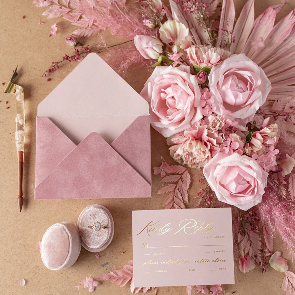 Quality Choice Pink Velvet Envelope Extravagant Wedding Invitations Vellum Floral Acrylic Design Wedding Invitation
