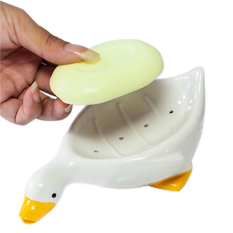 Cute Duck Shape Ceramic Tray Holder Soap Dish Self Draining Soap Holder for Shower Bathroom Tub Kitchen Sink