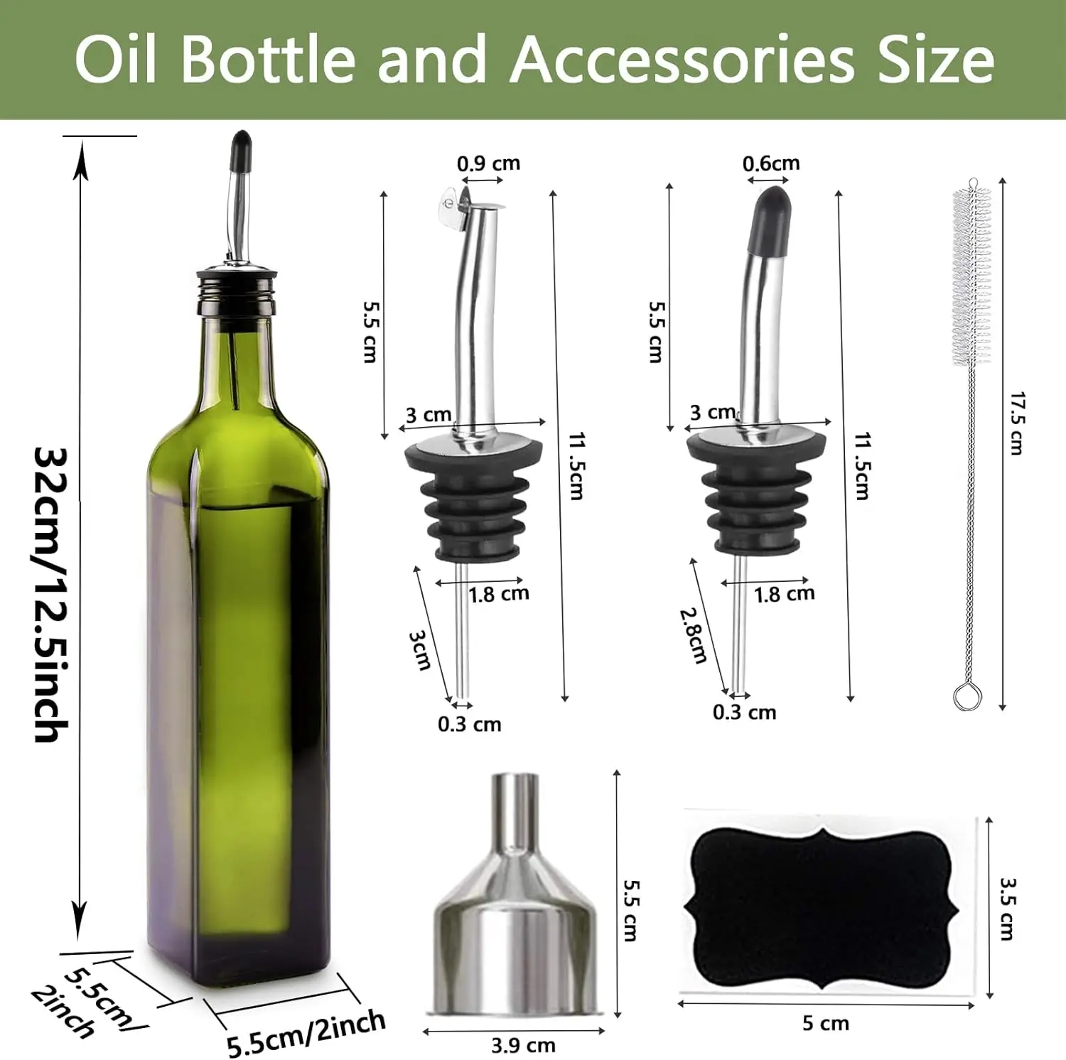 YOLOWE HOME 17 oz/500 ml Green Glass Cruet Bottle Square Tall Cover Storage Jar with Cute Design Oil and Vinegar Dispenser