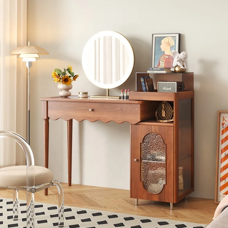 Vintage Telescopic Vanity Table Glass Top Smart LED Mirror Bedroom Dresser Solid Wood Makeup Dressing Table