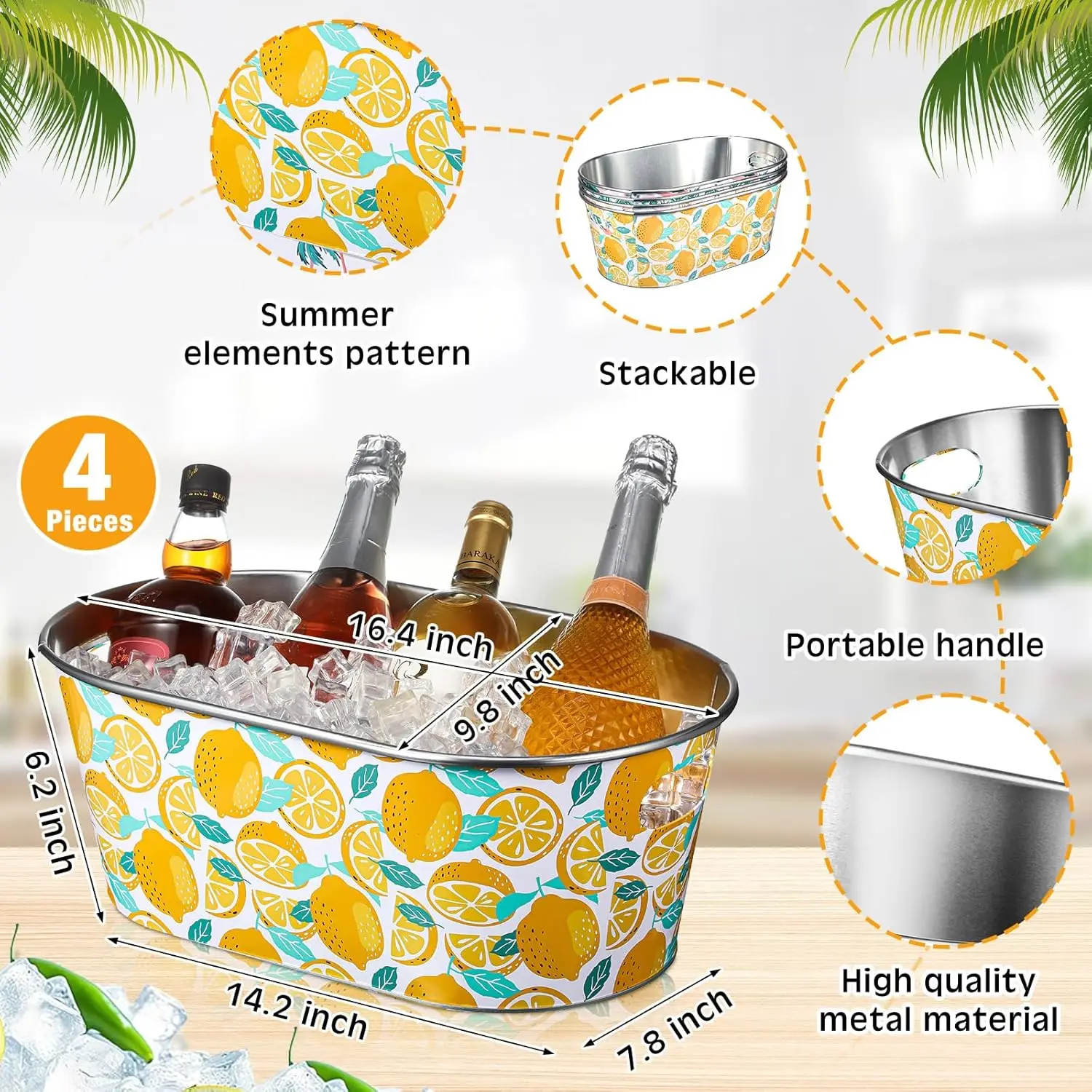 Summer Ice Buckets for Parties 4 Gallon Metal Galvanized Beverage Tub Beer Bucket with Handle for Wine Champagne