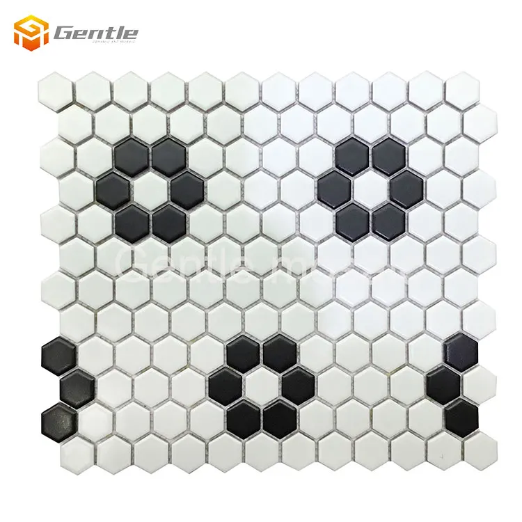 High quality interior wall simple decoration small hexagon shape  white mix black 6mm ceramic mosaic tile