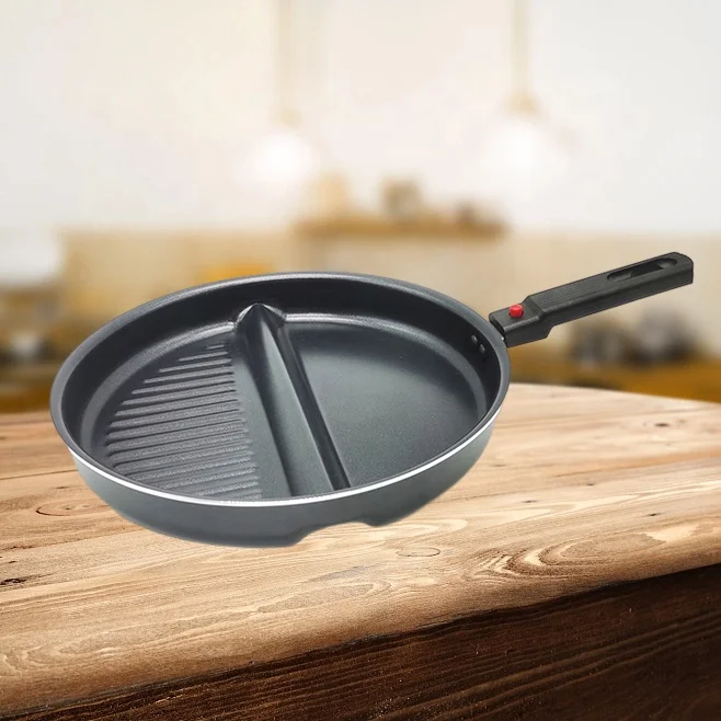 2 Sections Dual Pan Breakfast Egg Frying Pan Meat Grill 2 In 1 Pressed Aluminum Nonstick Divided Pan with Detachable Handle
