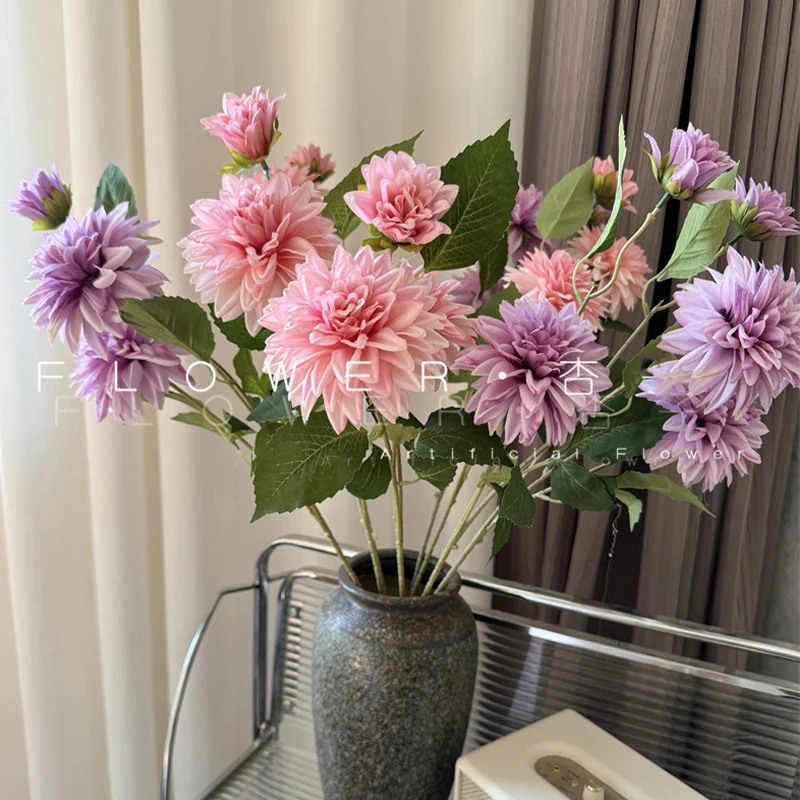 CM-TH701 Florist Wholesale Artificial Flower 3 Head Silk Hot Pink Dahlia for Wedding Decor