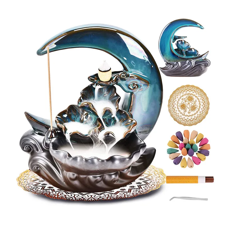 New Moon Backflow Incense Holder, Waterfall Incense Burner Ceramic Hand-Made Incense Fountain Burner