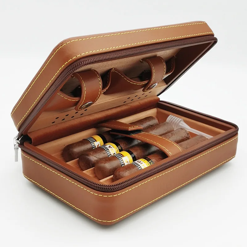Leather Cigar Humidor Box Travel Portable Cedar Wood Cigar Case 4 Holder Cigar Box W/ Humidifier Hygrometer