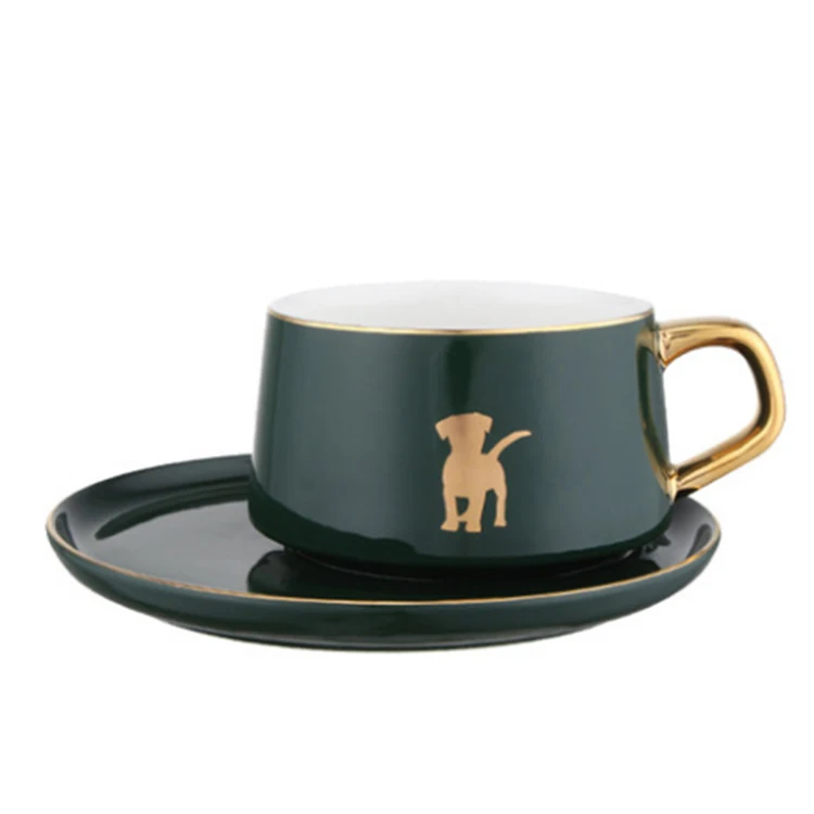Керамическая кофейная чашка и блюдце с золотистой ручкой, 8 унций