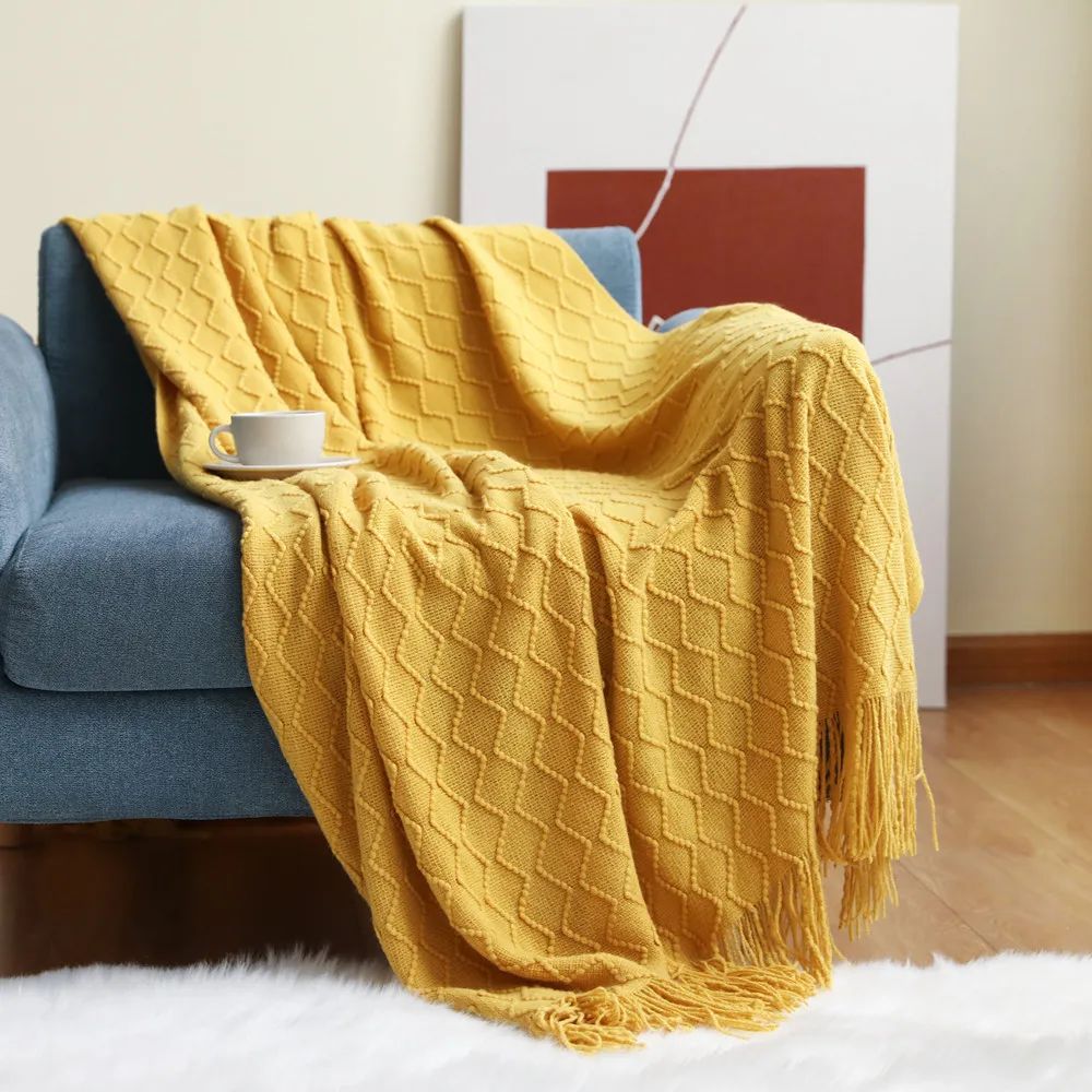 Tassel Throw Blanket Fringe Tassels Cable Knit Yellow Blanket Acrylic Textured Solid Home Chair Sofa Couch Bed Decor Blankets