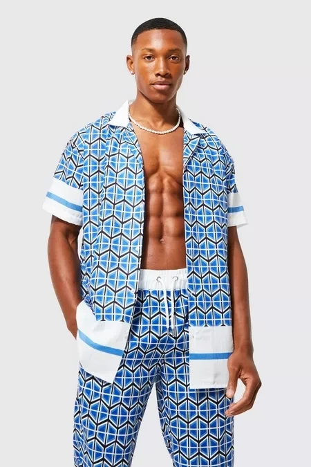 KY New Design Hot Sale OVERSIZED TEXTURED All Over Print Button Up Printing Casual Shirt AND Side Pocket Trouser Men SET