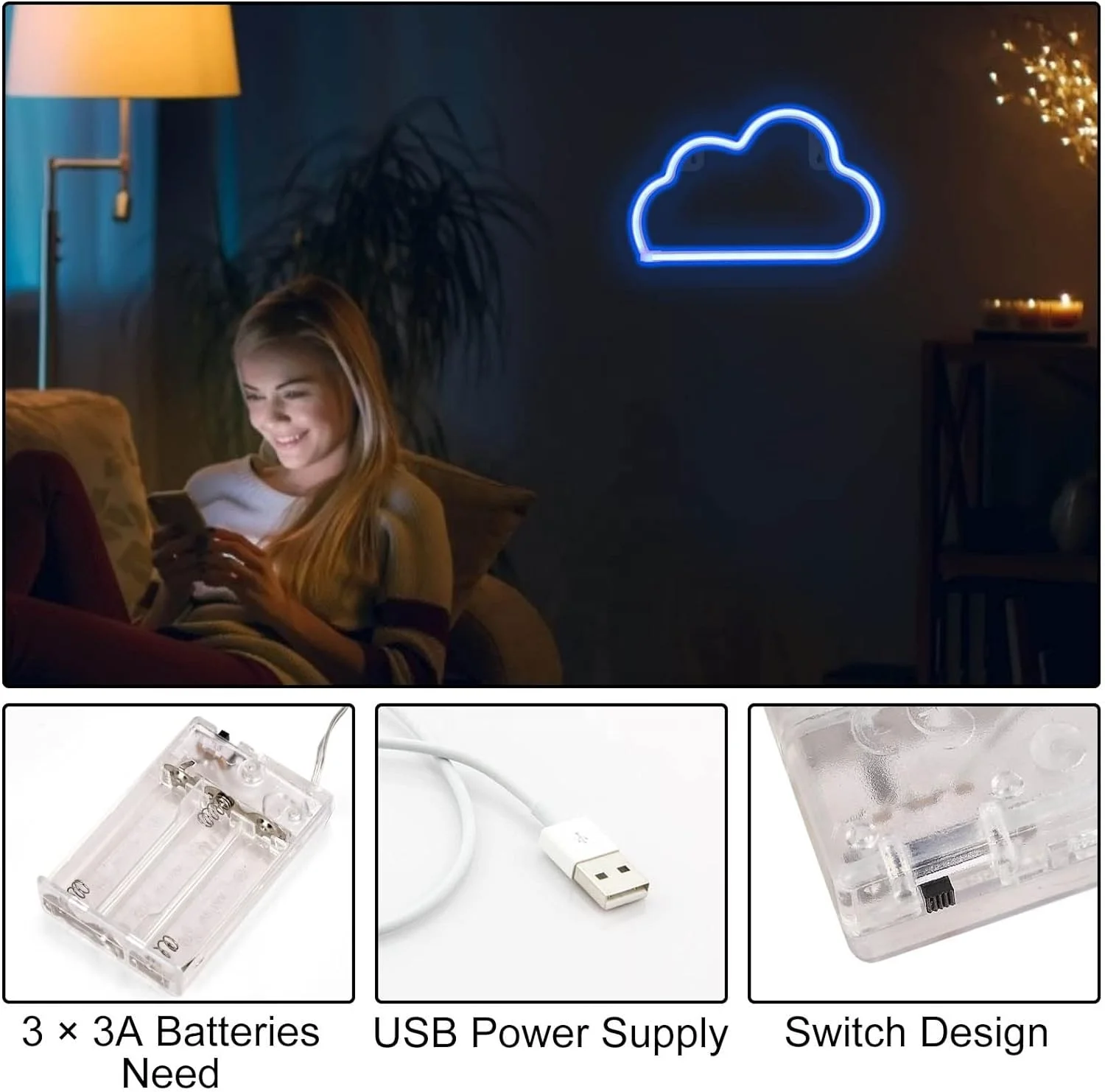 LED Decorative Neon Signs, Hanging Light Up for Room for Wall Decor USB 3AA Battery Power Supply Single Color Manual Switch
