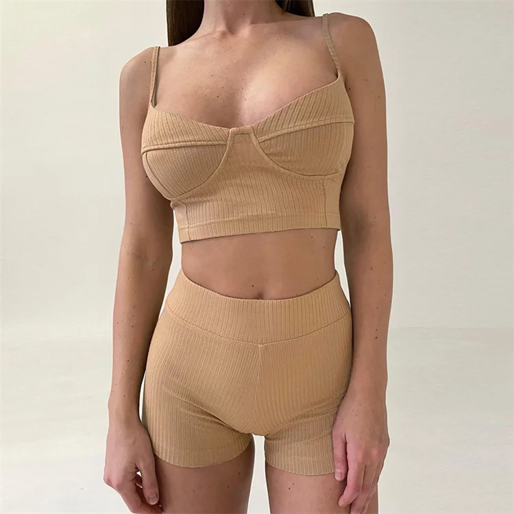solid color women crop top set sexy sport shorts joggers pants two piece pants set