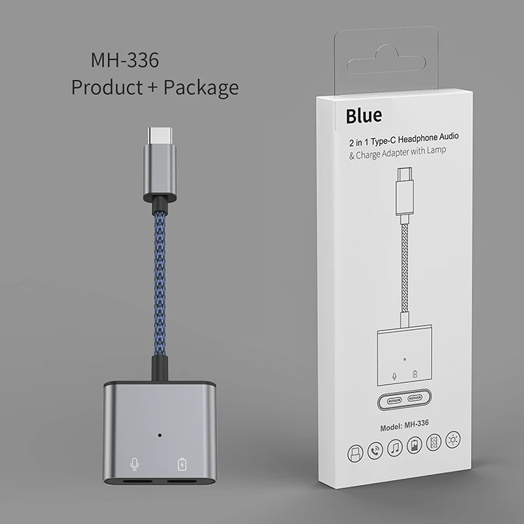  type-c 2 in 1 adapter with indicator light 60W PD fast charging audio port usb-c to
