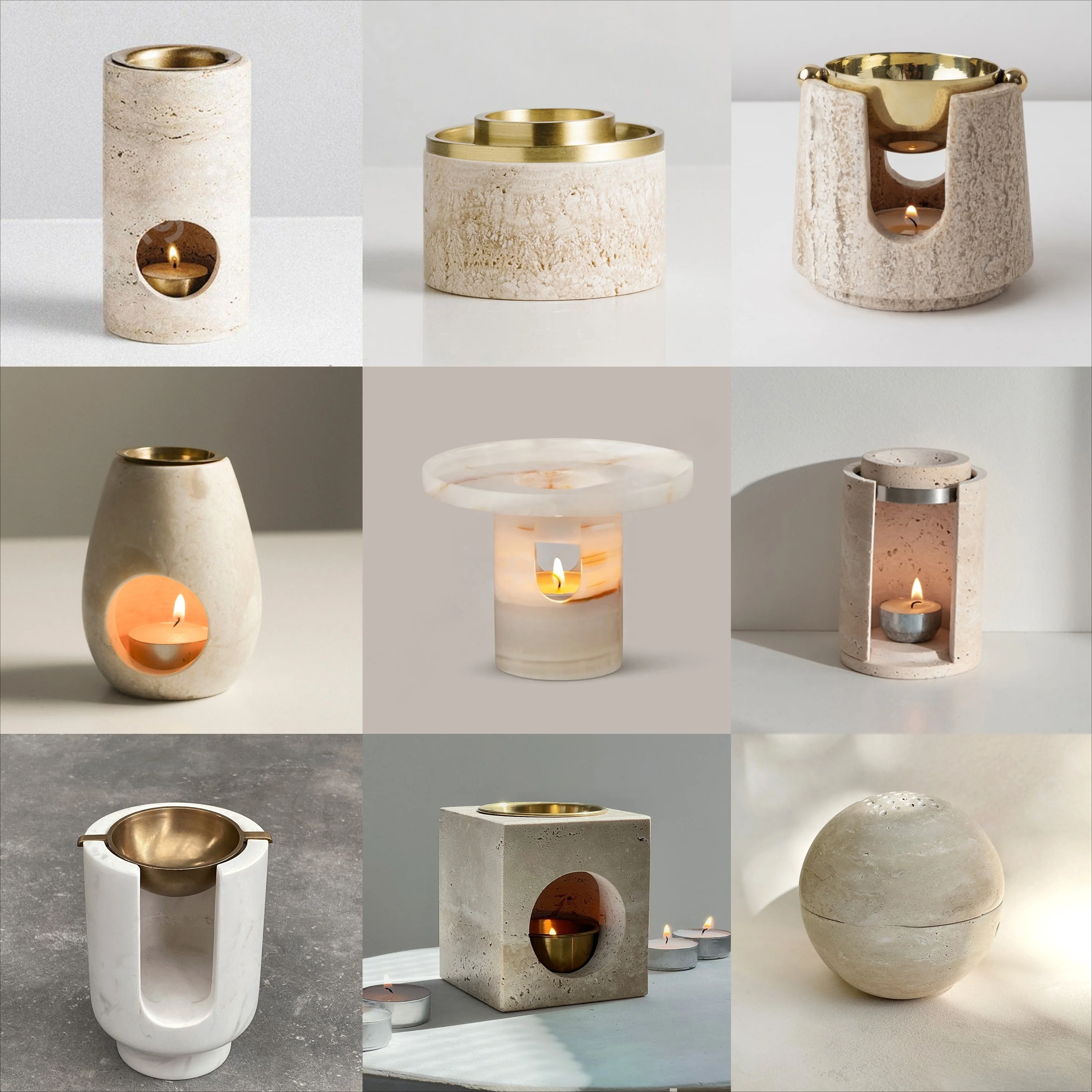 stonekocc Marble Craft Home Decor Natural Travertine Stone Incense Holder Essential Oil Fragrance Burner Candle Base SS Metal