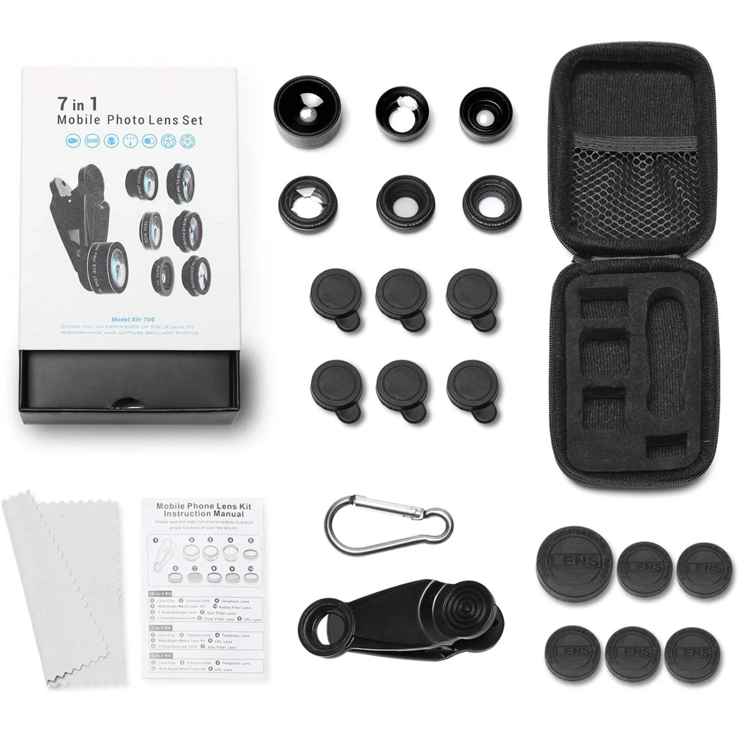 7 In 1 Clip-on High Quality Cell Phone Lenses Zoom 15x Macro 0.63X Wide Angle Fish Eye Camera Mobile Phone Lens