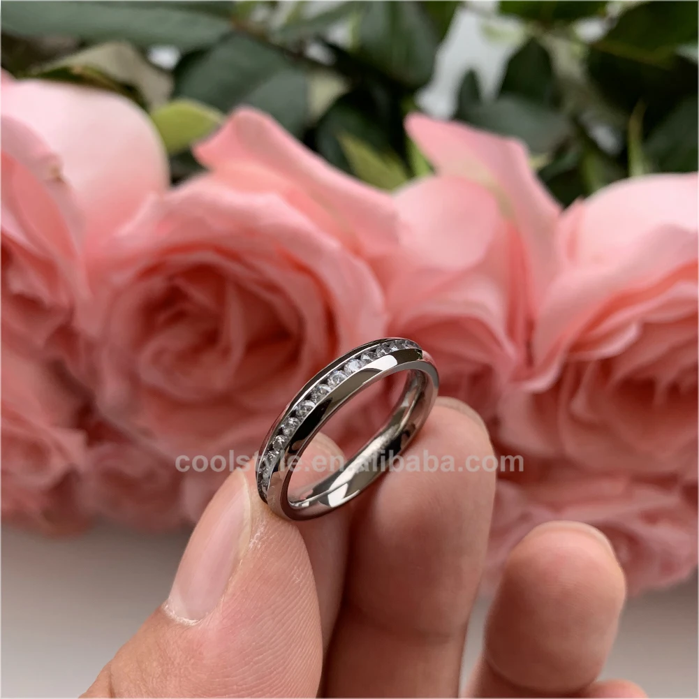 
4mm Women Stainless Steel Ring Eternity Wedding Engagement Band Polished Shiny Domed Sparking Cubic Zirconia Inlay Comfort Fit 