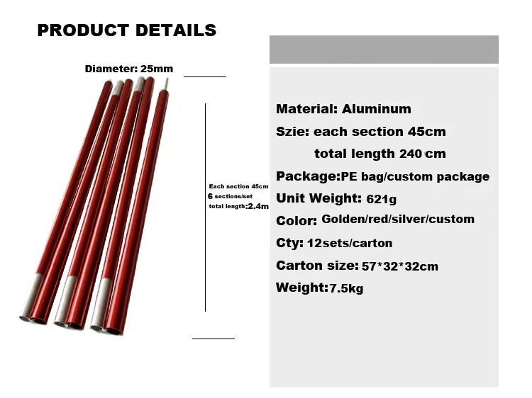 
Qiyun center pole tent 25mm diameter 240cm length aluminum customized anodized foldable camping tarp canopy aluminum tent pole 