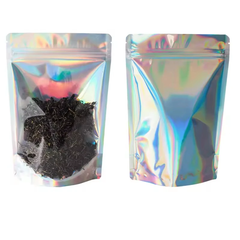1Pack=100Pcs In Stock Transparent Holographic Laser Film Bag Resealable Aluminum Foil Mylar Ziplock Heat Seal Zipper Laser Bag
