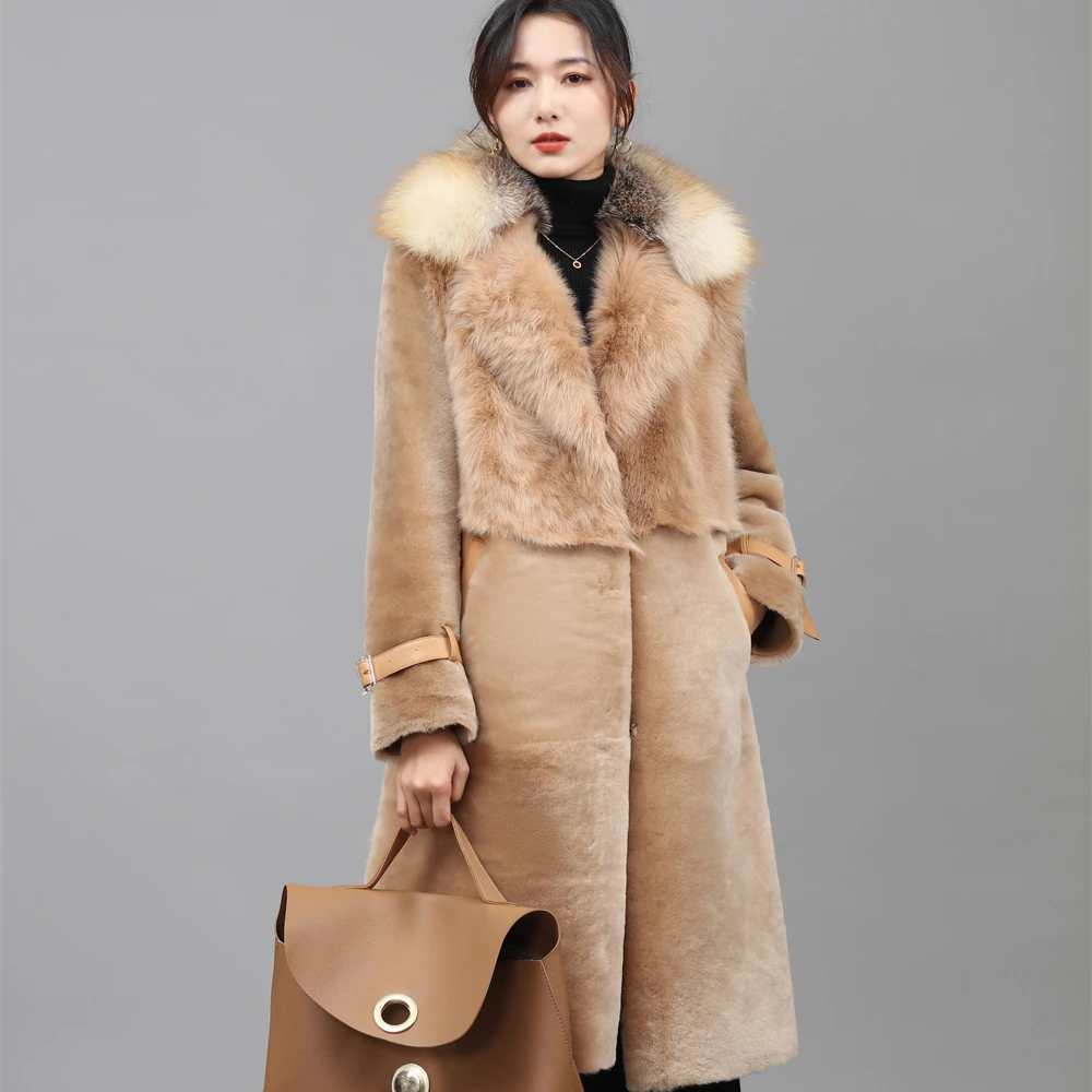 elegant long style real Australian straight fur winter women shearling sheep  fur coat with fox fur  collar