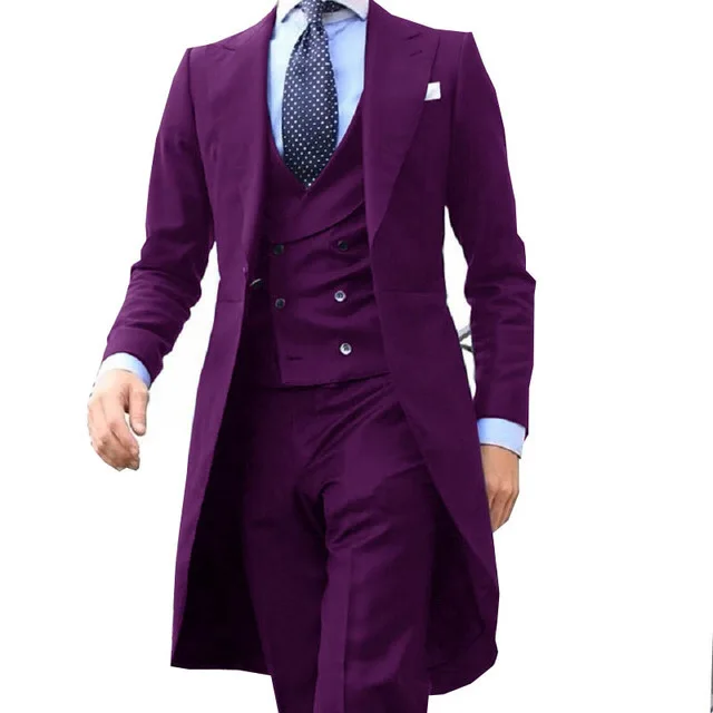 New Arrival  Long Coat Design Chinese Red Men Suit Gentle Male Tuxedos Prom Blazer Costume 3 Pieces groom wedding