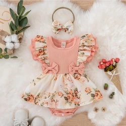 Wholesale Summer O-Neck Ruffle Sleeve Baby Girls Romper Dress Set Soft Cute Toddler Baby Crawl Suit Dresses for Baby Shower Gift