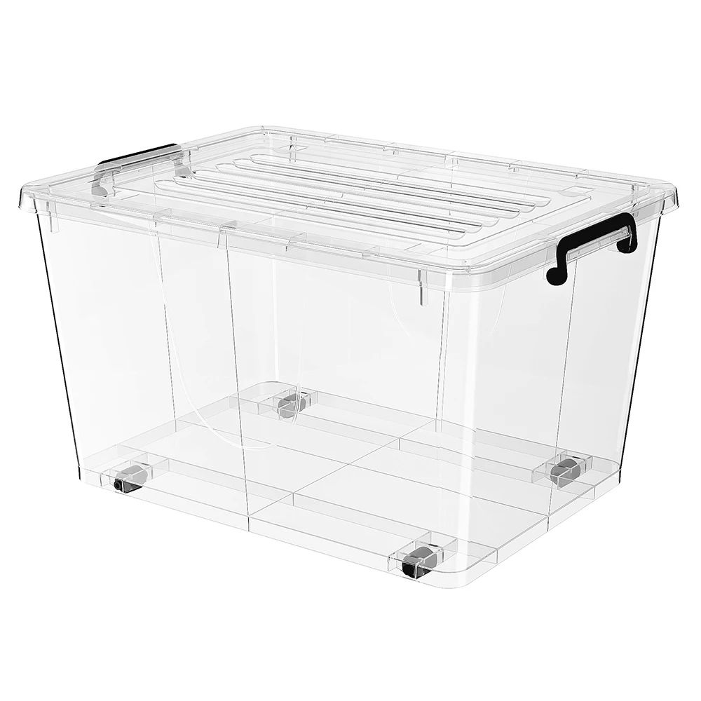 62L clear wheel storage box with Black Clips