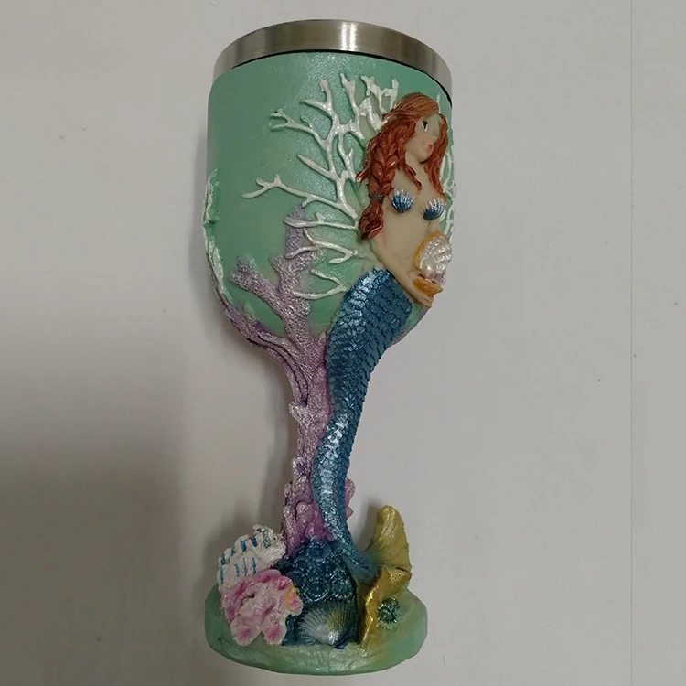
Exquisite Mermaid Goblet 3D Resin Cup Cartoon Characters Red Wine Glass Stainless Steel Cup 