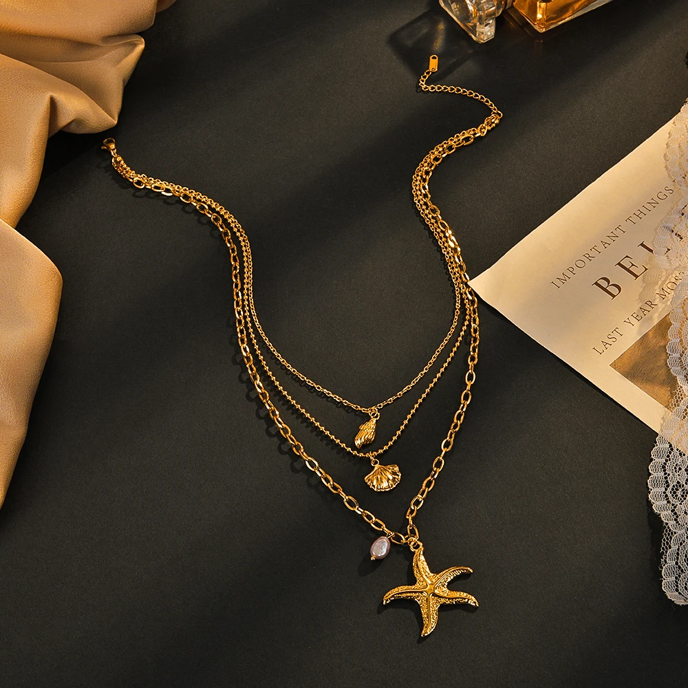 Summer Fashion Three-Layer Pearl Starfish Pendant Necklace Stainless Steel Shell Conch Necklace for Women