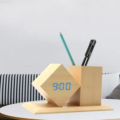 Manufacturer Custom Decor Square Stand Kid Desk Table Wood Digital Led Alarm Clock With Pen Holder