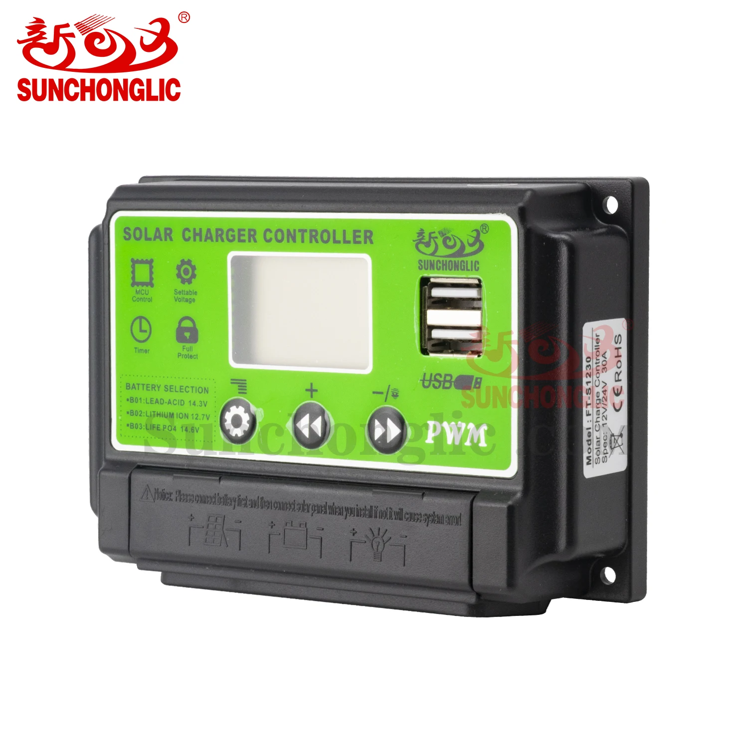  Sunchonglic ШИМ контроллер 12V 24V 30A pwm регулятором солнечного