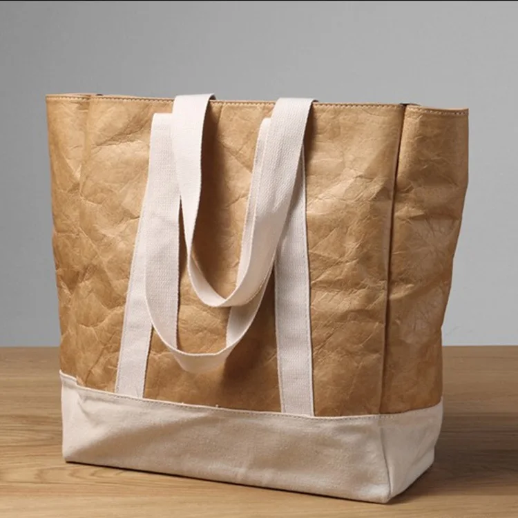 custom logo canvas handle kraft paper tote women shoulder shopping bag large contrasting color stitching tyvek kraft tote