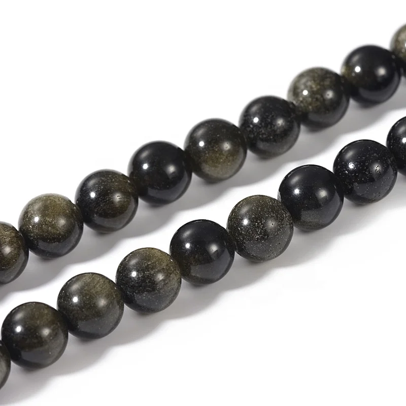 Wholesale Natrual Loose Gemstone Golden Banded Black Obsidian 2mm Large Hole Round Beads For Jewelry Bracelet Necklace Making